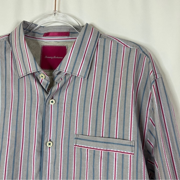Tommy Bahama | Mens Gray Button Up Shirt Pink/Blue Stripe XL - Picture 2 of 6